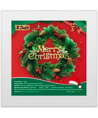 Decorated Artificial Christmas Wreath with Merry Christmas Letters Silver Bristles Cones Red Berries-for Front Door Outdoor H...