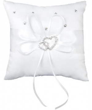 1515cm Double Heart Rhinstone Decored Bridal Wedding Ceremony Pocket Ring Bearer Pillow Cushion with Satin Ribbons (White) - ...