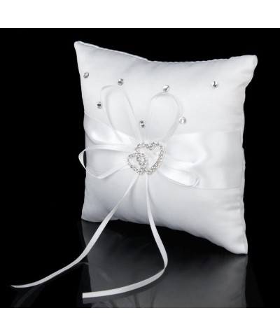 1515cm Double Heart Rhinstone Decored Bridal Wedding Ceremony Pocket Ring Bearer Pillow Cushion with Satin Ribbons (White) - ...