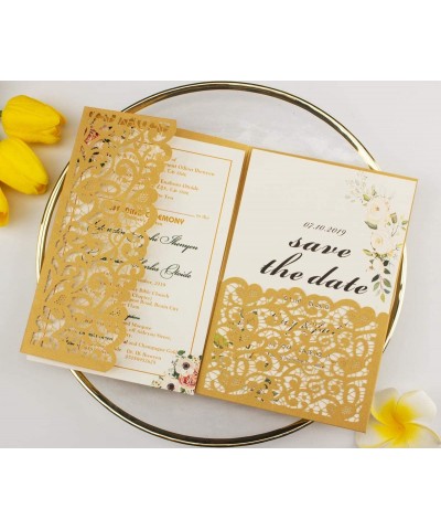 25 sets 250G Dark Gold Vintage Tri Fold Wedding Invitations Cards With Envelopes Inserts invites 5X7 for Wedding Bridal Showe...