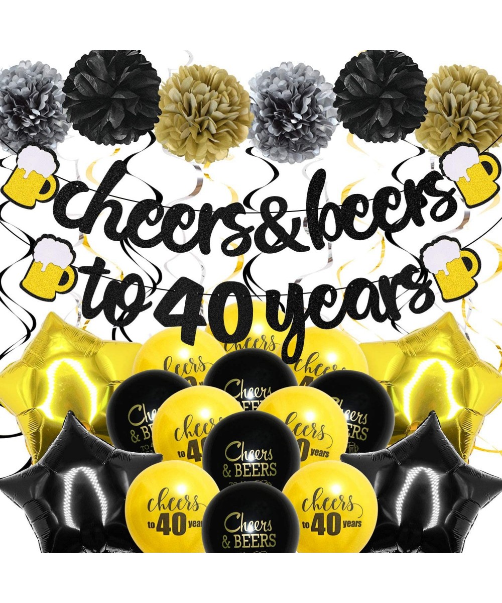 40 Years Anniversary Decorations - Cheers & Beers To 40 Years Banner with Pom Poms Hanging Swirls Forty Sign Black Gold Latex...