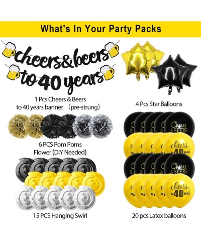 40 Years Anniversary Decorations - Cheers & Beers To 40 Years Banner with Pom Poms Hanging Swirls Forty Sign Black Gold Latex...