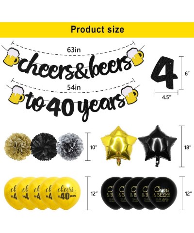 40 Years Anniversary Decorations - Cheers & Beers To 40 Years Banner with Pom Poms Hanging Swirls Forty Sign Black Gold Latex...