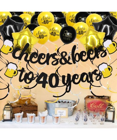 40 Years Anniversary Decorations - Cheers & Beers To 40 Years Banner with Pom Poms Hanging Swirls Forty Sign Black Gold Latex...