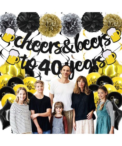 40 Years Anniversary Decorations - Cheers & Beers To 40 Years Banner with Pom Poms Hanging Swirls Forty Sign Black Gold Latex...