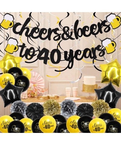 40 Years Anniversary Decorations - Cheers & Beers To 40 Years Banner with Pom Poms Hanging Swirls Forty Sign Black Gold Latex...