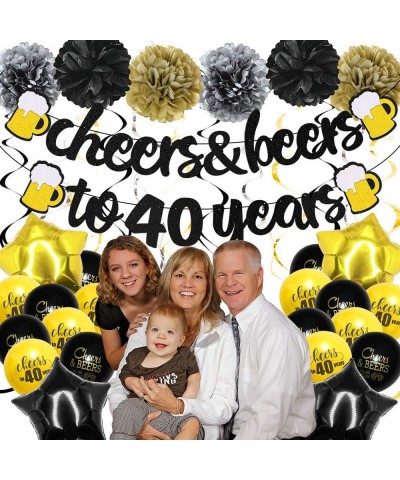 40 Years Anniversary Decorations - Cheers & Beers To 40 Years Banner with Pom Poms Hanging Swirls Forty Sign Black Gold Latex...