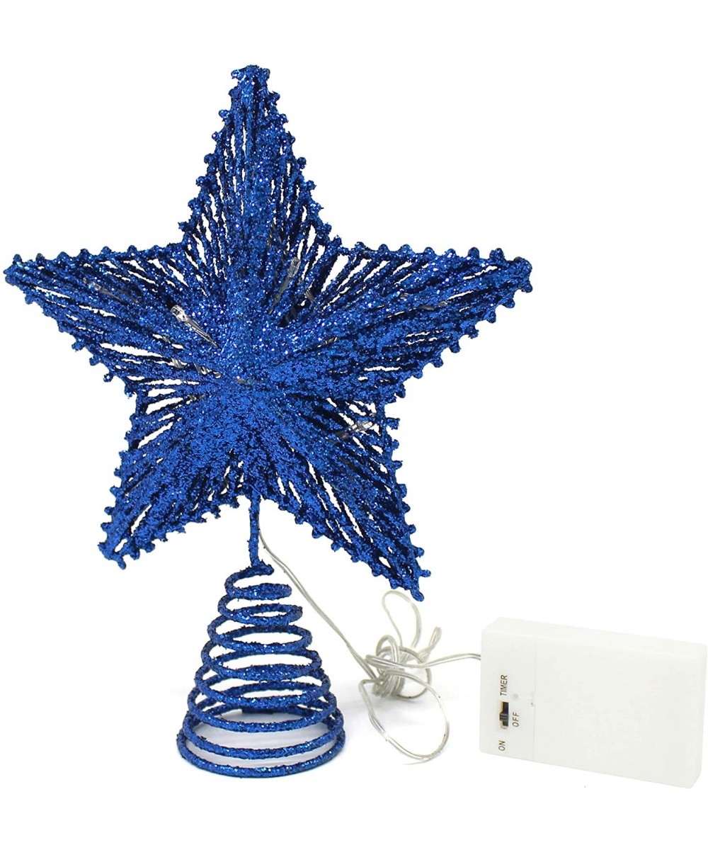 Blue Glittered 3D Tree Top Star with Warm White LED Lights and Timer for Christmas Ornaments and Holiday Seasonal Décor- 8 x ...