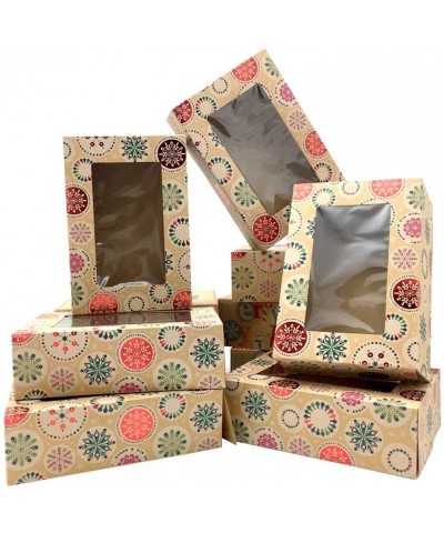 Christmas Bakery Boxes with Window- Snowflake Cookie Gift Boxes Brown Kraft with hot Stamp Christmas Designs-Set of 12 Boxes（...