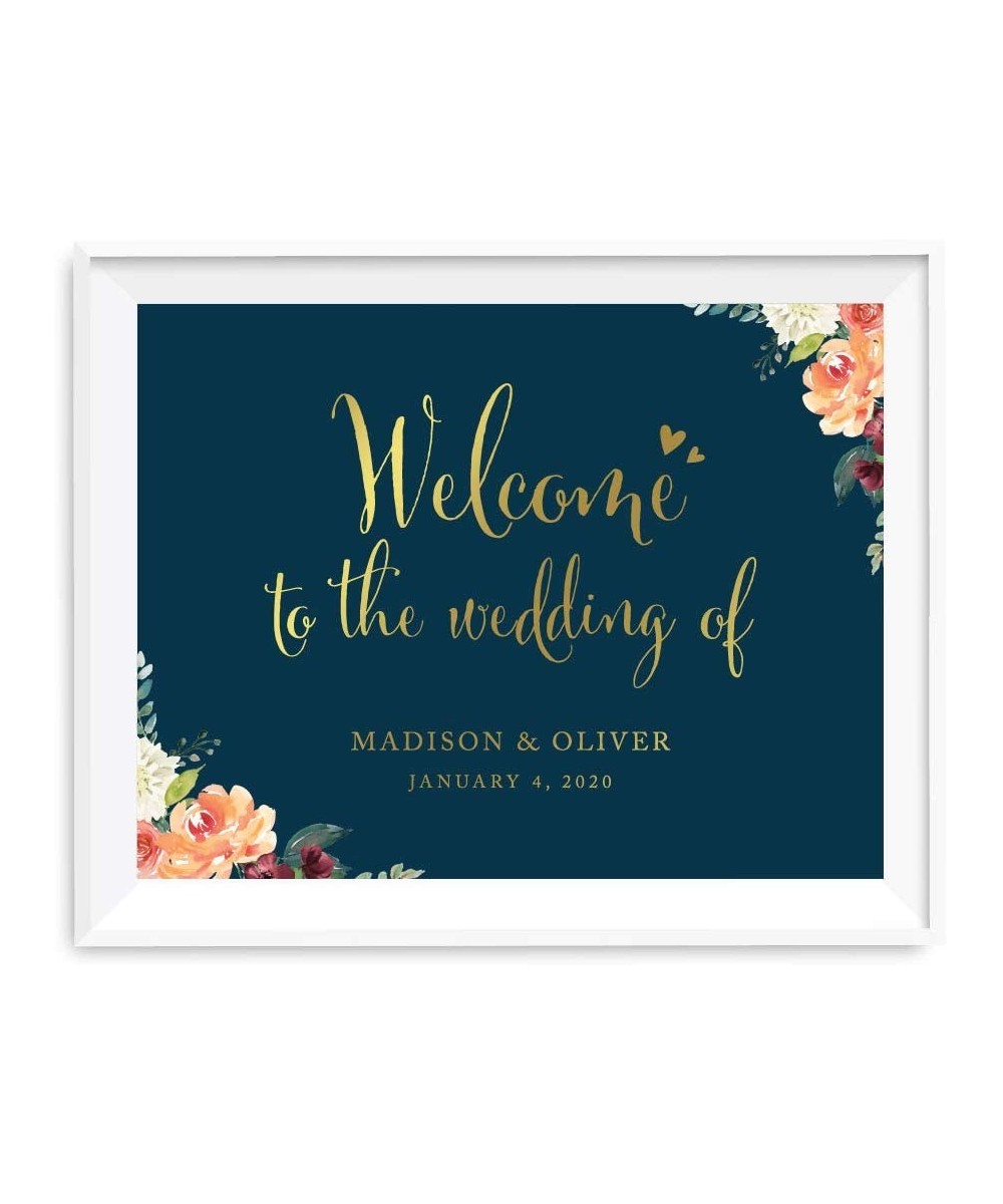 Personalized Wedding Party Signs- Navy Blue Burgundy Florals with Metallic Gold Ink- 8.5x11-inch- Welcome to The Wedding of B...