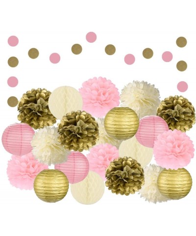 22 Pcs Mixed Pink- Gold & Ivory Party Decorations By Epique Occasions-Set Of Hanging Tissue Paper Flower Pom Poms- Lanterns &...