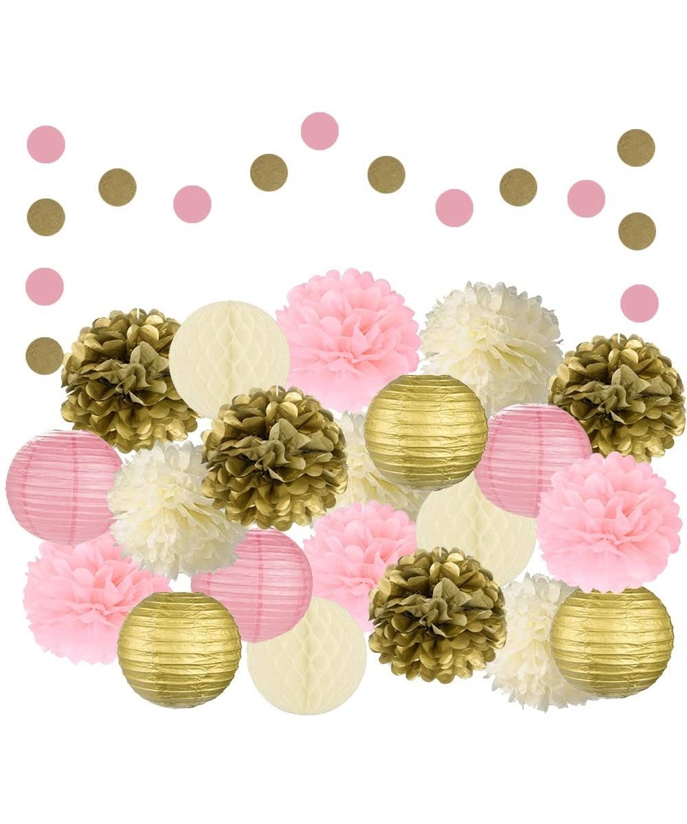 22 Pcs Mixed Pink- Gold & Ivory Party Decorations By Epique Occasions-Set Of Hanging Tissue Paper Flower Pom Poms- Lanterns &...