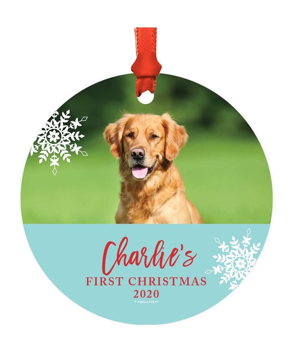 Photo Personalized Dog Cat Pet Animal Round Metal Christmas Ornament- Jackson's First Christmas- 2020- Aqua and Red- 1-Pack- ...