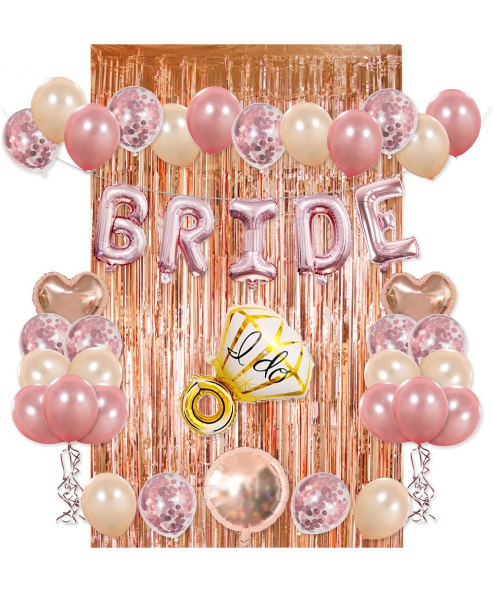 Bride Party Decorations Kit- Rose Gold Foil Fringe Curtain- 20 Latex Balloons- 10 Confetti Balloon- Bride and Ring Heart Roun...