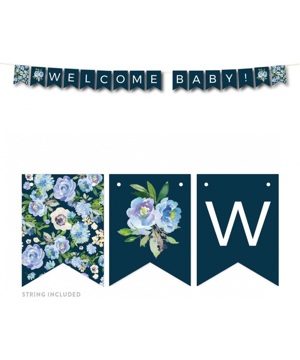 Navy Blue Hydrangea Floral Garden Party Baby Shower Collection- Hanging Pennant Party Banner with String- Welcome Baby!- 5-Fe...