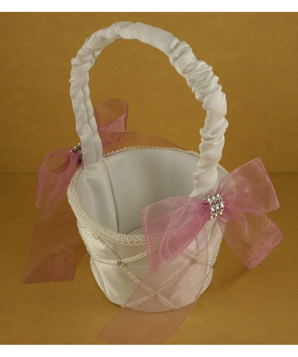 IVORY Wedding Flower Girl Lattice Design Basket Organza Bow & Faux Rhinestone Accent (ROSY MAUVE BOW) - Rosy Mauve Bow - CK12...