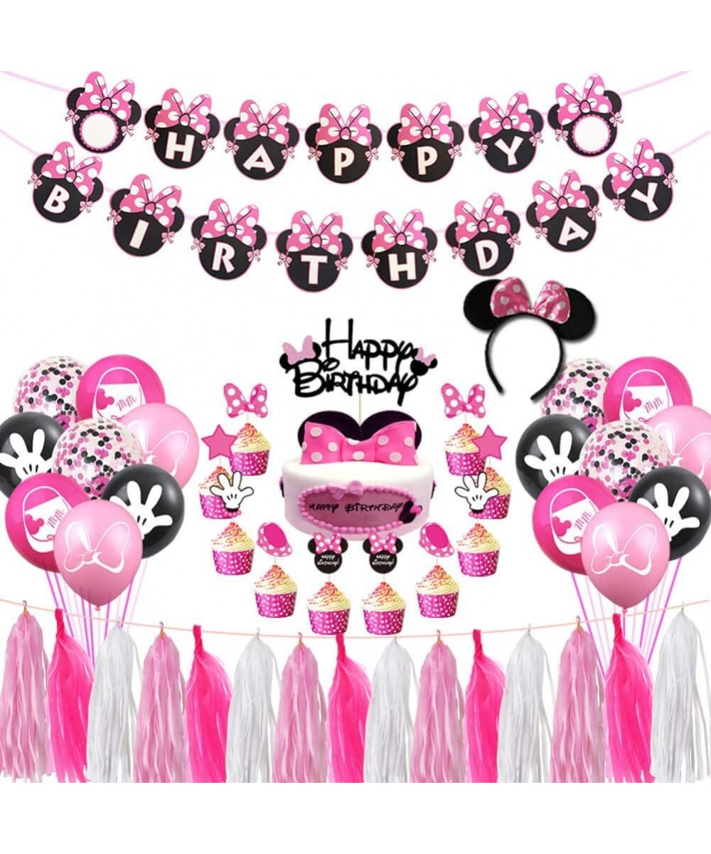 Minnie Mouse Birthday Party Supplies Decorations- Pink and Black Ears Headband Happy Birthday Banner- Glittery Minnie Inspire...