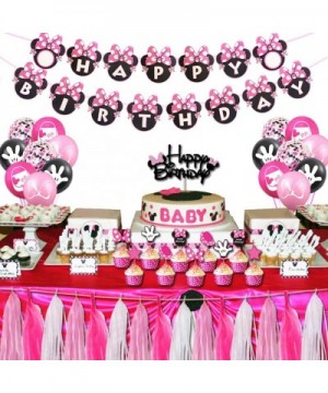 Minnie Mouse Birthday Party Supplies Decorations- Pink and Black Ears Headband Happy Birthday Banner- Glittery Minnie Inspire...