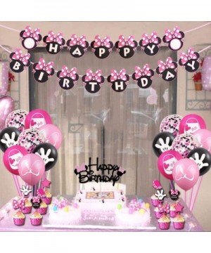 Minnie Mouse Birthday Party Supplies Decorations- Pink and Black Ears Headband Happy Birthday Banner- Glittery Minnie Inspire...