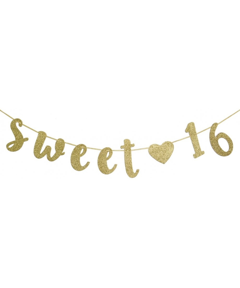 Sweet 16 Birthday Banner Gold Glitter with Heart Sixteen Decoration 16th Birthday Pre-Strung Party Decor Supplies Cursive Bun...