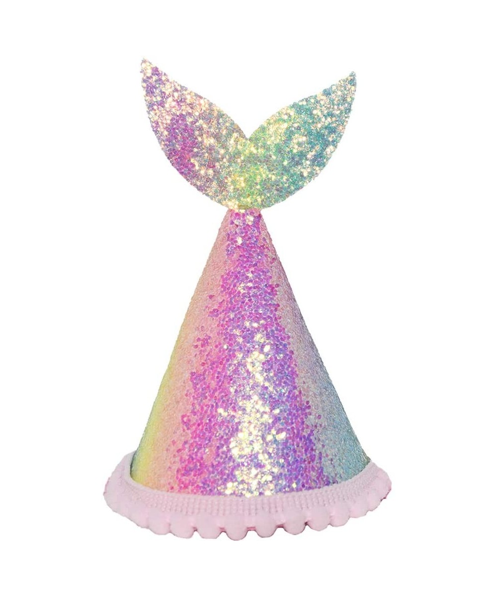 Glitter Mermaid Tail First Birthday Cone Hat Headband for Baby Girl Under The Sea Party Supplies (Rainbow (No Number)) - Rain...