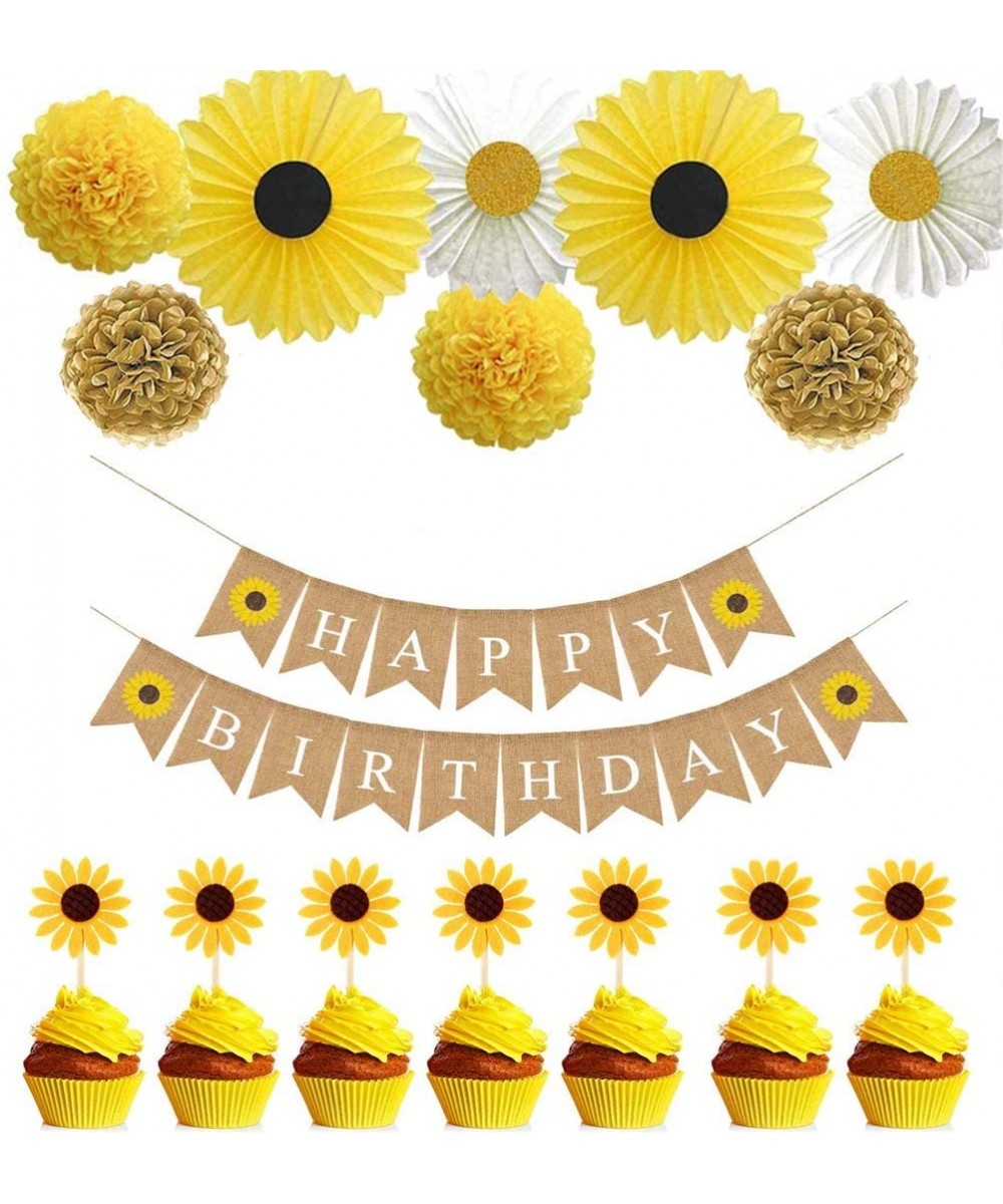 Sunflower Birthday Party Decoration Props- Handcraft Paper Fans- Tissue Pom Poms- Sunflower Happy Birthday Banner- Sunflowers...