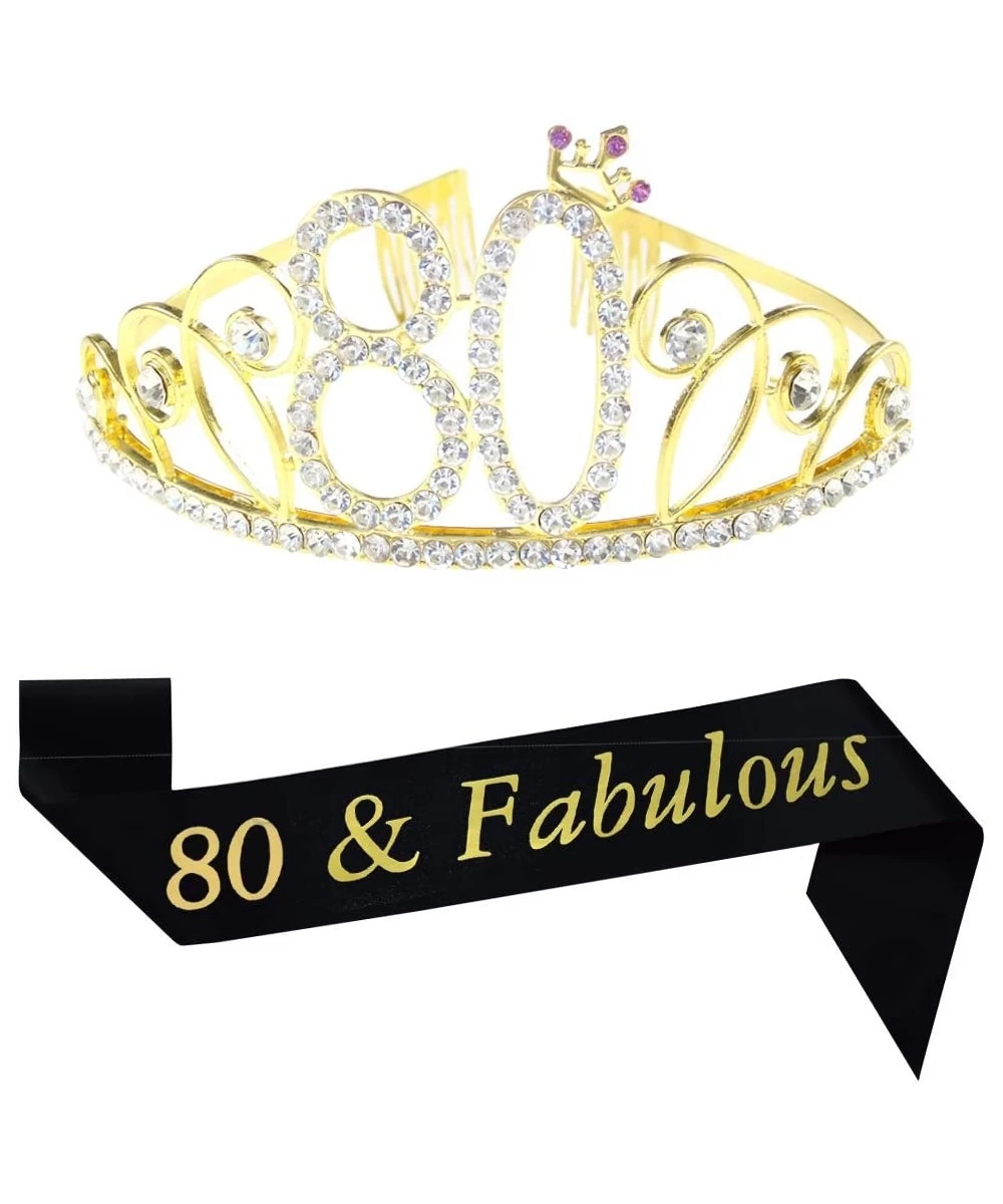 80th Brithday Gold Tiara and Sash- 80 & Fabulous Glitter Satin Sash and Crystal Rhinestone Birthday Crown for Happy 80th Birt...