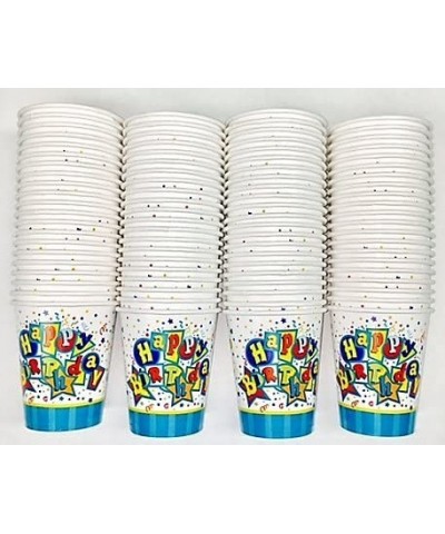 100-Pack Happy Birthday Logo with Stars and Streamers 9-Ounce Paper Hot/Cold Cups for Huge Birthday Parties and Birthday Cele...