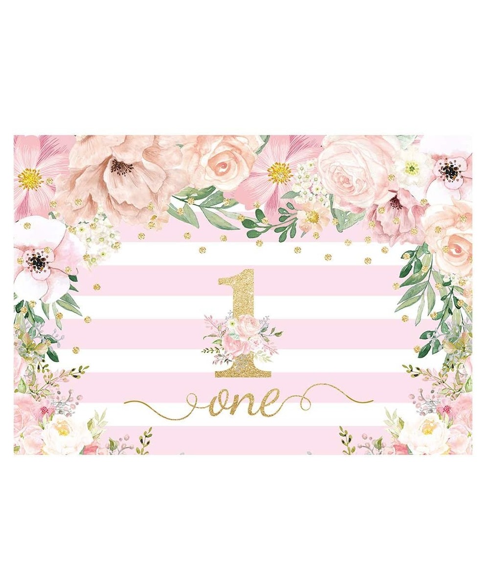 Pink Floral First Birthday Party Backdrop for Girl Baby 1st One Year Old Stripes Flowers Photography Background Golden Glitte...