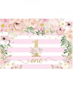 Pink Floral First Birthday Party Backdrop for Girl Baby 1st One Year Old Stripes Flowers Photography Background Golden Glitte...