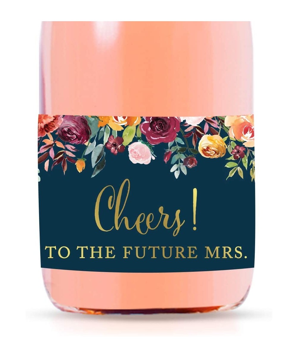 Mini Champagne Wine Bottle Labels- Cheers! to The Future Mrs- Fall Autumn Burgundy Navy Blue Floral Roses- 20-Pack- Mini Cham...