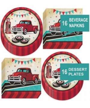 Vintage Red Truck Party - Classic Red Pickup & Old Pump Station Paper Dessert Plates and Beverage Napkins (Serves 16) - Class...