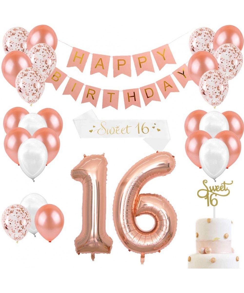 16th Birthday Decorations for Girls Sweet 16 Cake Topper and Satin Sash- Rose Gold Number 16 Balloons- Confetti Balloons and ...