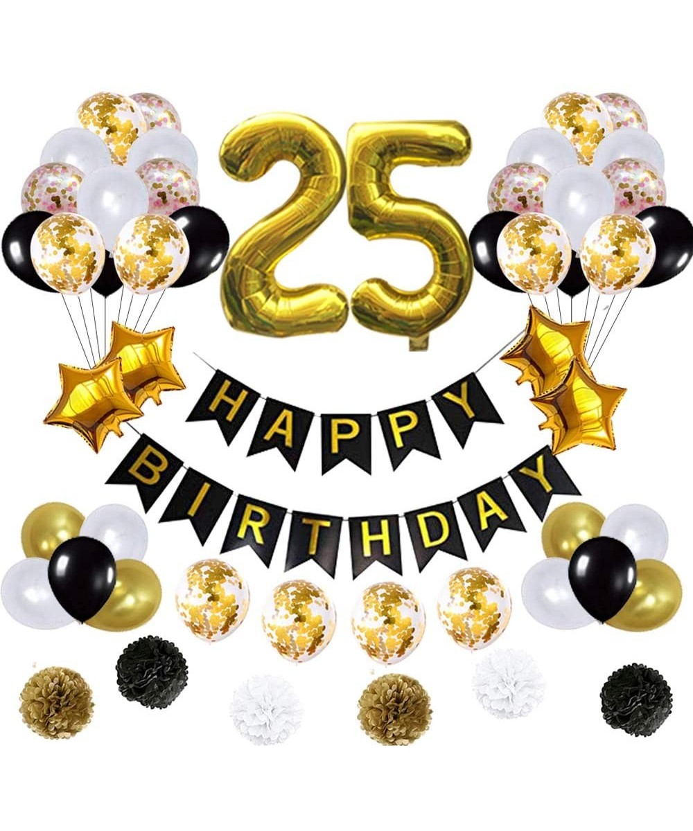 25 Birthday Decorations Ballons- Happy Birthday Banner/pom pom Flowers/Gold Mylar Balloons/Latex Balloons/Number 25 Foil Ball...