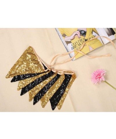 Black and Gold Sequin Bunting- Multicolor Fabric Triangle Flag Bunting for Party-Wedding Sequin Bunting/Garland- Outdoor Bunt...