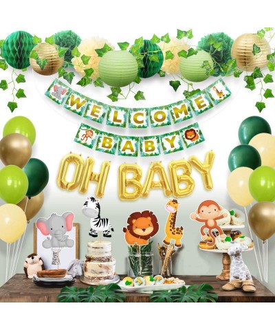 Jungle Theme Safari Baby Shower Decorations with Banner- Animal Centerpieces- Tropical Leaves- Greenery Garland- Lantern- Pom...