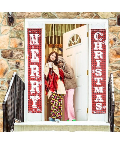 Merry Christmas Banner Christmas Porch Sign Red Black Buffalo Check Decorations Outdoor Indoor Xmas Decor for Home Wall Door ...