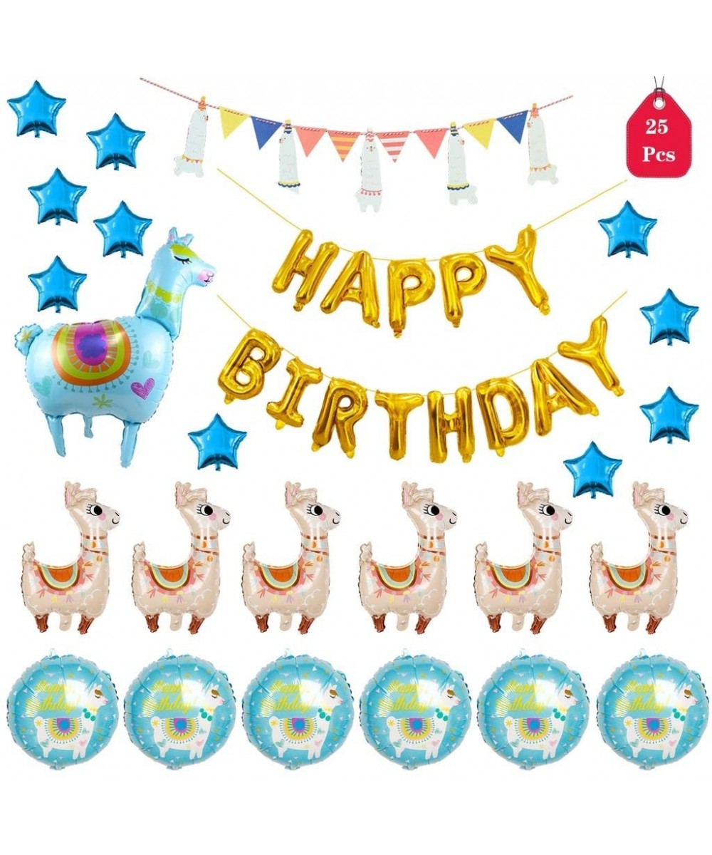 Alpaca Llama Balloons and Banner- Gold Happy Birthday Foil Balloons Cartoon Llama Party Decorations for Baby Boys - Blue - CI...