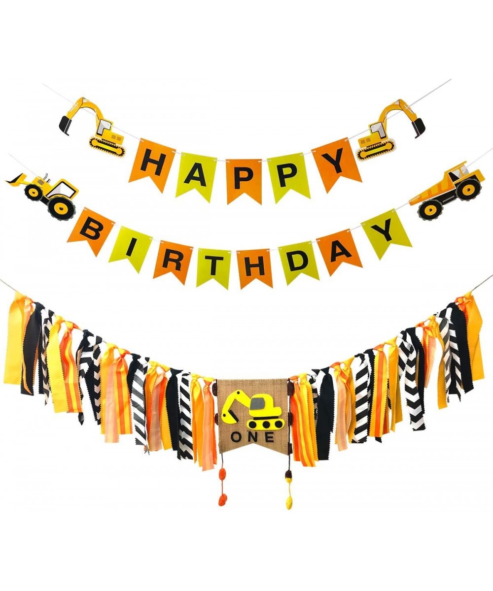Construction Themed Happy Birthday Banner and Handmade 1st Birthday Party Highchair Banner Bunting Garland Decorations for Pa...