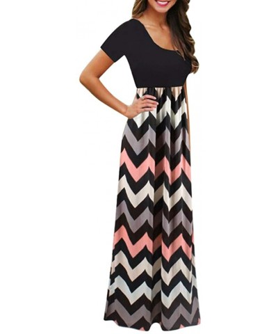 Women Printed Floor-Length Maxi Dress Sunflower O-Neck Short Sleeve Casual Bohemian Long Dress - Black 2 - CS18XS8I0MH $16.37...