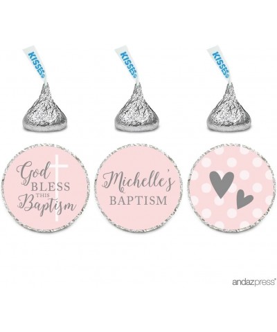 Blush Pink and Gray Baby Girl Baptism Collection- Personalized Chocolate Drop Label Stickers Trio- 216-Pack- Custom Name- Fit...