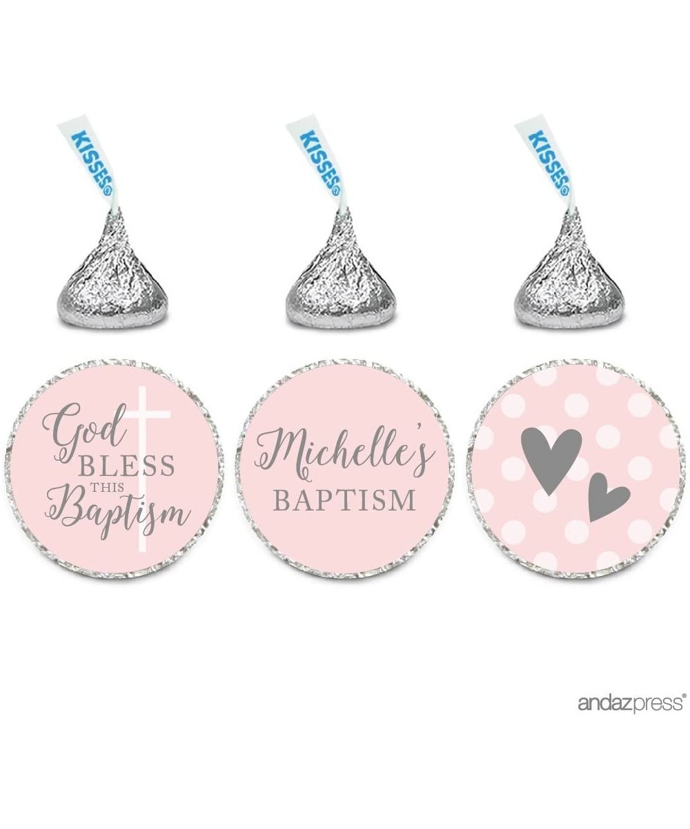 Blush Pink and Gray Baby Girl Baptism Collection- Personalized Chocolate Drop Label Stickers Trio- 216-Pack- Custom Name- Fit...