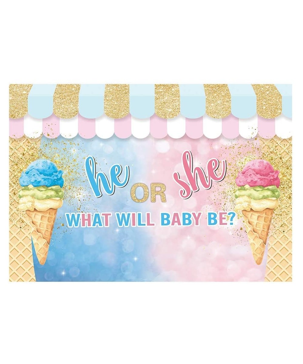 7x5ft Ice Cream Gender Reveal Party Backdrop He or She Pink Blue Baby Shower Photography Background Girl or Boy Summer Golden...