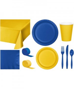 Party Bundle Bulk- Tableware for 24 People Golden Yellow and Cobalt Blue- 2 Size Plates Napkins- Paper Cups Tablecovers and C...