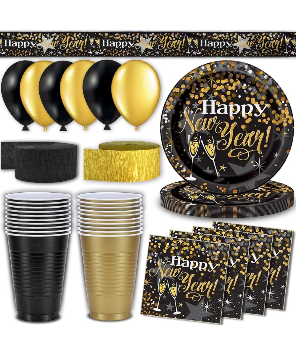 New Years Eve Party Supplies 32 Servings - Paper Plates 9 inch- Party Cups 16 oz- Napkins- 12 ft Banner- 2 Crepe Streamers (8...