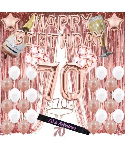 Rose Gold 70th Birthday Decorations for Women- 70 Birthday Party Supplies Include Foil Fringe Curtains- Happy Birthday Balloo...