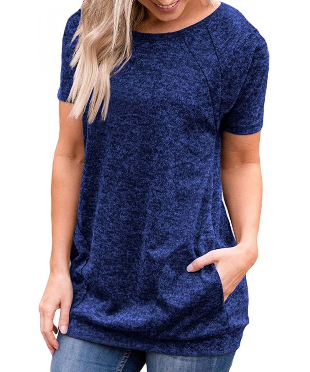 Womens Summer Short Sleeve Round Neck Quick Dry Cool Tunic Tops Loose Gym Workout T-Shirt with Pockets - Navy Blue - CH18EGCS...