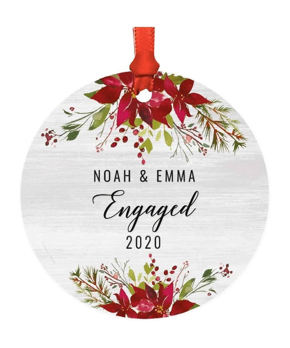 Personalized Name Round Metal Keepsake Christmas Ornament Gift- Farmhouse Rustic Gray Wood Deep Red Poinsettia Flower- Noah &...