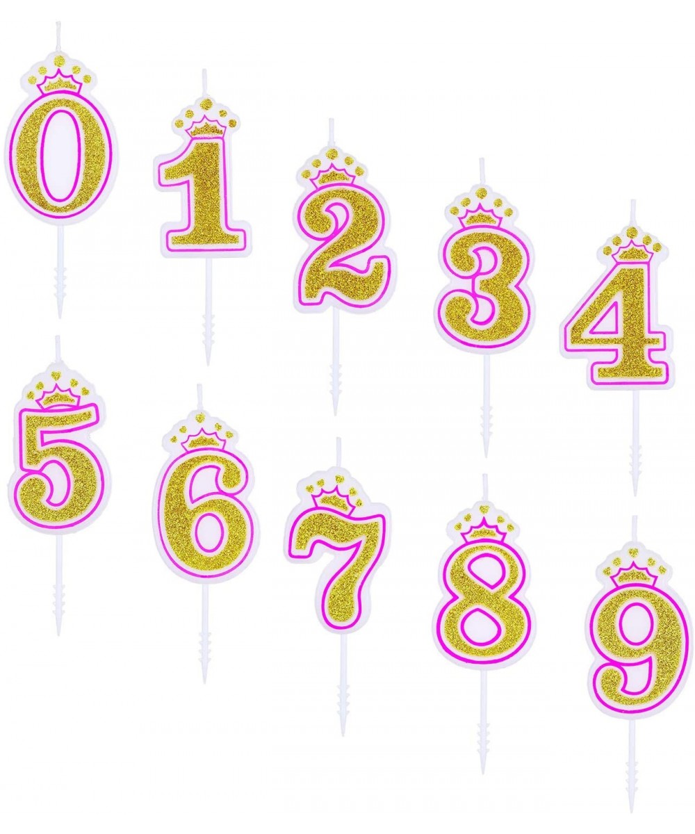 10 Pieces Numeral Candles Birthday Pink Candles with Crown Number 0-9 Glitter Cake Topper Decoration for Girls Kids Birthday ...
