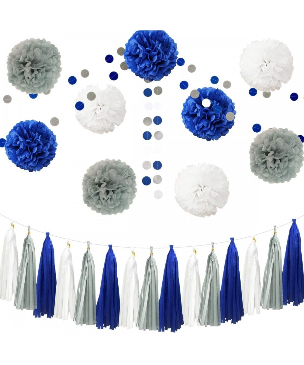 26pcs Royal Blue Gray White Baby Shower Birthday Wedding Tissue Paper Pom Pom Party Decoration Kit - 12" 10" 8 - Blue Grey Wh...